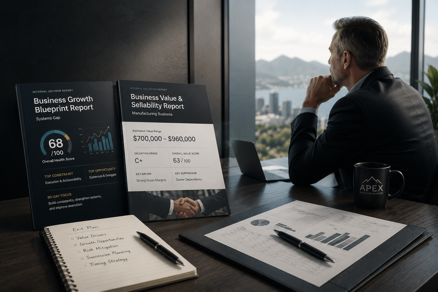 Apex Business Brokers advisory reports on a boardroom table
