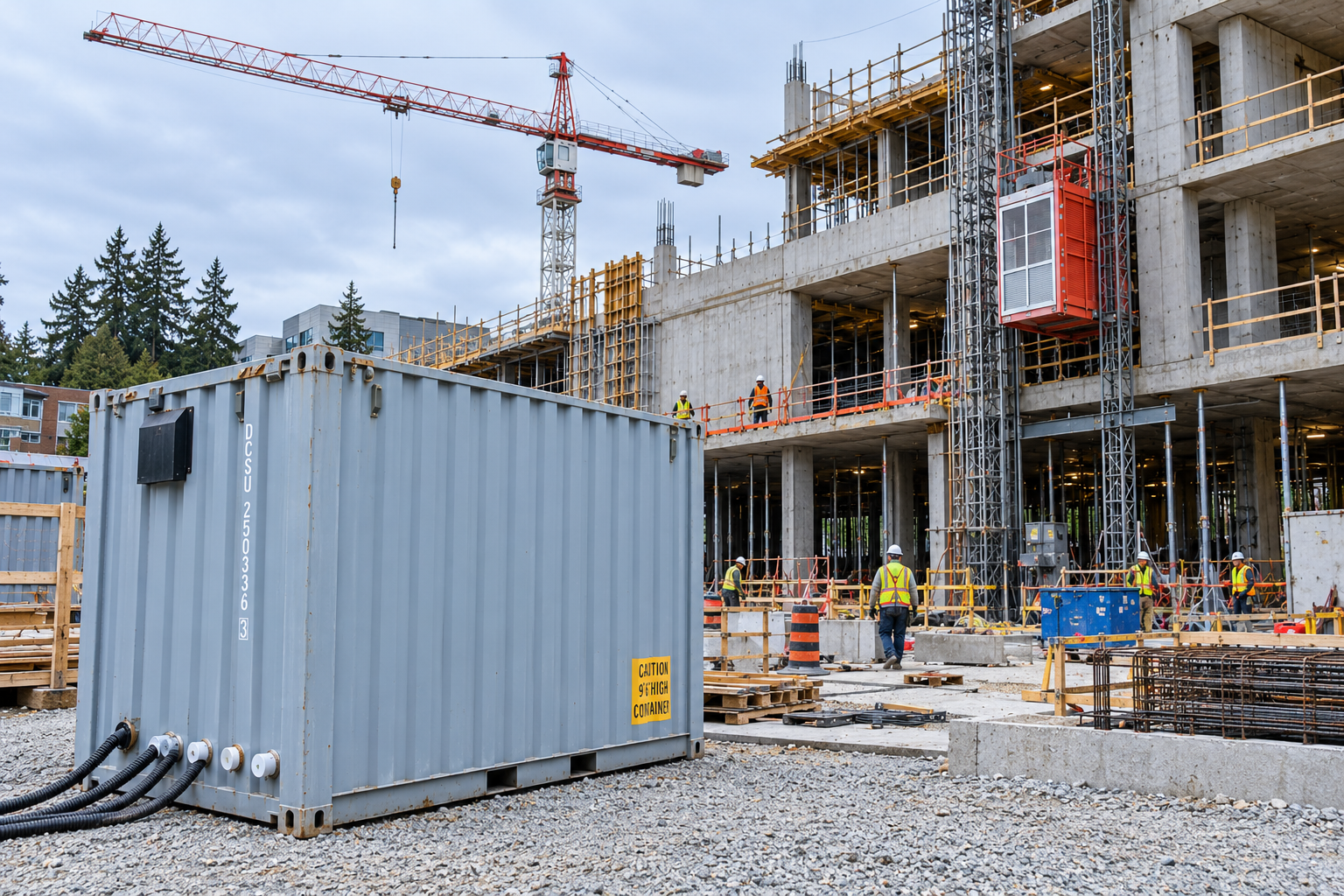 Active construction site with crane and workers
